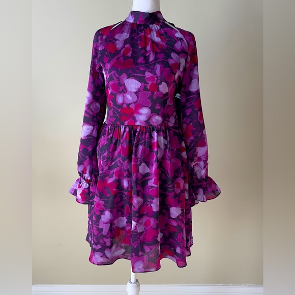 TED BAKER Sammieh Purple Floral Print high-neck fit and flare woven mini dress - Picture 5 of 10